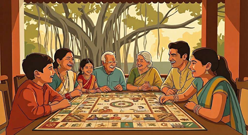 Family playing BAPS Yatra together, practicing seva through gameplay